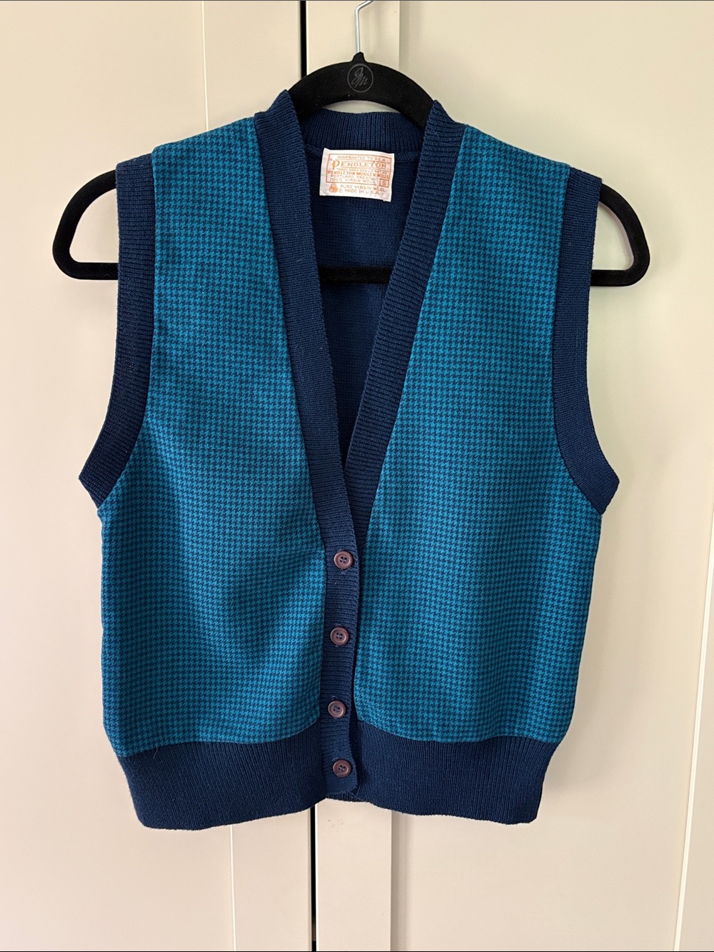 Pendleton Vintage Navy Navy/Turquoise  Blue Houndstooth Check Sweater Vest Sz S
